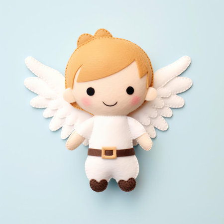 the adorable angel, meticulously crafted from soft felt, sits serenely against a solid color background, exuding a sense of innocence and tranquility, its realistic features and delicate details making it a heartwarming addition to any home decor or nursery, perfect for those who cherish handmade and unique christian decorations. ai generatedの素材
