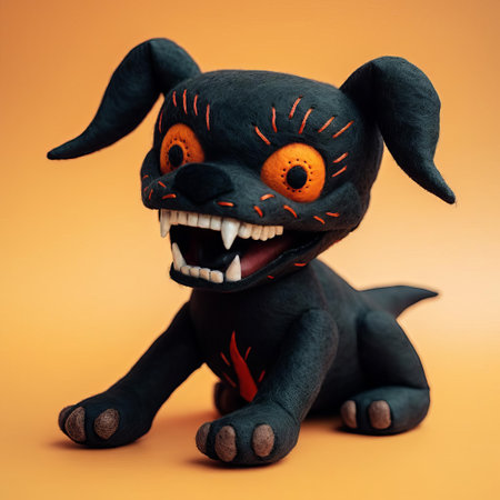 the hellhound, a mythical creature from european folklore, is brought to life in this adorable felt rendition, set against a solid color background, showcasing remarkable realism and attention to detail, perfect for fans of fantasy and mythology-inspired art and craft. ai generatedの素材