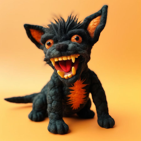 the hellhound, a mythical creature from european folklore, is adorable in this felt rendition, set against a solid color background, showcasing remarkable realism, perfect for fantasy fans and craft enthusiasts, highlighting the artistry of felt crafting and the mystique of mythical beasts. ai generatedの素材