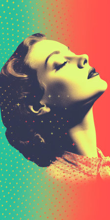 the starlet, a 1850s beauty, lounges in a minimalist portrait, surrounded by a mesmerizing backdrop of light faded orthonormal coordinate system of 8-bit dots and 8-bit colors, evoking the opulence of art deco, with vanished light lithography and light halftone dots, creating an ever-moving anaglyphic kaleidoscopic aesthetic that blends minimal psychedelic art. ai generatedの素材