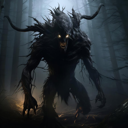 the dark entity, a terrifying black magic creature from the depths of nightmares, emerges from the shadows, its twisted, elongated body shrouded in darkness, with glowing red eyes that pierce through the veil of reality, evoking fear and dread in all who dare to gaze upon it. ai generatedの素材