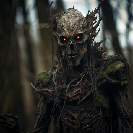 the grave warden, a terrifying creature from the dark fantasy realm, looks directly at the camera with an unblinking gaze, its skeletal face and tattered black robes exuding an aura of death and decay, evoking feelings of dread and foreboding in this hauntingly beautiful photograph. ai generatedの素材