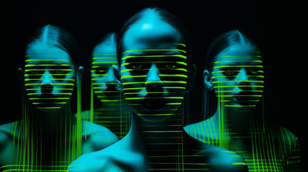 the embarrassed junkie, with baby blue eyes and chartreuse-stained skin, stands back to back with three dark figures in a dirty pool, surrounded by glowing neon lights, in this highly detailed 4k realistic photo, reminiscent of a 90's alternative shoegaze music scene, with a polaroid film aesthetic, evoking a sense of ooze and vector-like flair. ai generatedの素材