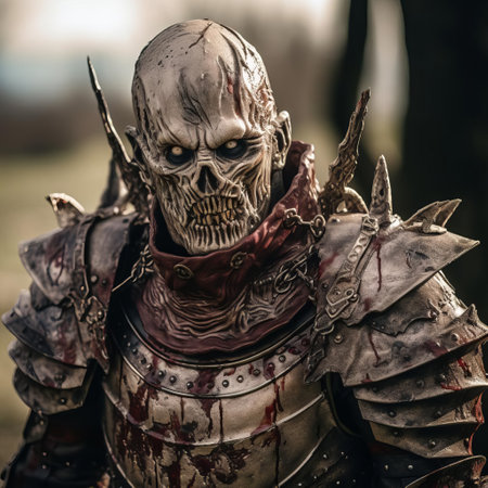 the undead knight, a hauntingly eerie creature, gazes directly at the camera with an unblinking stare, its tattered armor and worn helmet a testament to its centuries-long existence, evoking a sense of foreboding and dread in this dark fantasy artwork, perfect for fans of horror and medieval mythology. ai generatedの素材