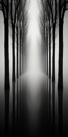 the misty forest landscape, bathed in an ethereal moonlight, unfolds a dreamlike atmosphere, reminiscent of michael kenna's signature style, where the interplay of shadows and misty fog creates a surreal, cinematic, and minimalistic visual narrative, evoking a sense of mystery and contemplation. ai generatedの素材