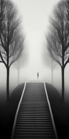 the misty landscape border, evoking a sense of mystery and calm, features a serene lake surrounded by bare trees, reminiscent of michael kenna's iconic black and white photography style, with a touch of surrealism and cinematic flair, perfect for adding a touch of minimalistic elegance to any design or digital art project. ai generatedの素材