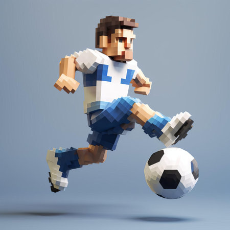 the cartoon character, a cheerful 8-bit pixel art representation of the letter c, is depicted in a full-body pose, enthusiastically playing football on a crisp white background, evoking a sense of nostalgia and retro gaming charm. ai generatedの素材
