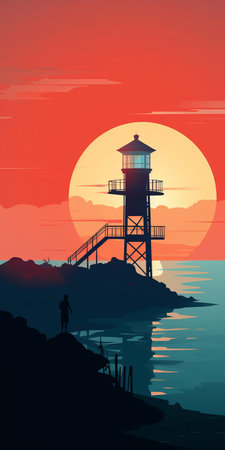 the elephant tower stands majestically at sunset, its bold clean lines and minimalistic design spanning the bay, overlooking the serene blue ocean, in a stunning illustration reminiscent of olly moss's style, evoking a sense of tranquility, perfect as a desktop wallpaper, with a hint of firewatch inspiration, crafted in 2d vector art. ai generatedの素材