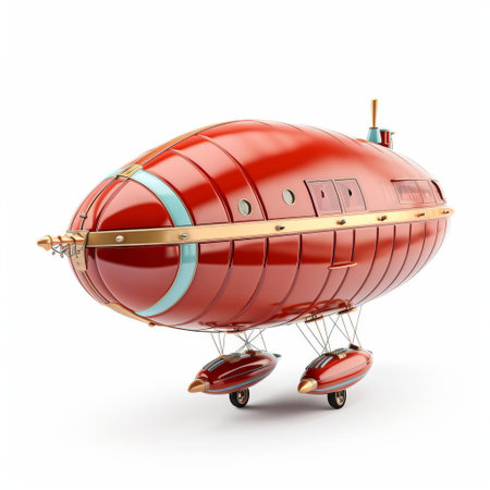 the dirigible, a vintage-inspired toy airship, floats majestically on a pristine white isolated background, evoking a sense of nostalgia and wonder, perfect for illustrations, graphic designs, and retro-themed projects, capturing the essence of early aviation and adventure. ai generatedの素材