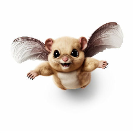 the flying squirrel, depicted in a whimsical toy style, perches cutely on a pristine white isolated background, showcasing its vibrant fur and large round eyes, perfect for use in children's illustrations, educational materials, or advertising campaigns focused on wildlife conservation and forest preservation. ai generatedの素材
