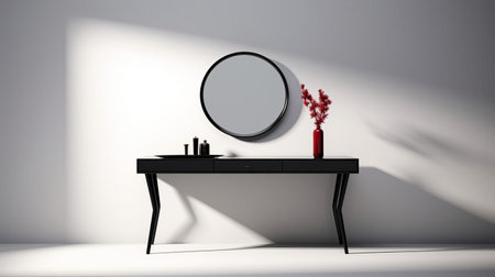 the vanity table stands elegantly on a plain white background, surrounded by a plain white floor, accentuated by moody shadows, exuding a modern aesthetic, perfect for interior design inspiration, home decor ideas, and furniture enthusiasts, captured in high-resolution 1920x1080 pixels. ai generatedの素材