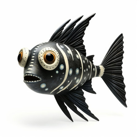 this eerie 3d fish, reminiscent of tim burton's signature style, sits poised on a pristine white isolated background, its full body rendered in intricate detail, evoking a sense of whimsical wonder and dark fantasy, perfect for fans of stop-motion animation and gothic aesthetics. ai generatedの素材