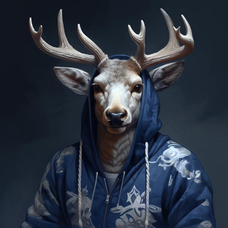 deer, adorned in a trendy hip-hop style shirt, gazes directly at the viewer in this striking post-painterly portrait painting, characterized by bold brushstrokes and a vibrant color palette of indigo, white, and light ivory, perfect for sharing on social networks like flickr, evoking the edgy spirit of heistcore aesthetics. ai generatedの素材