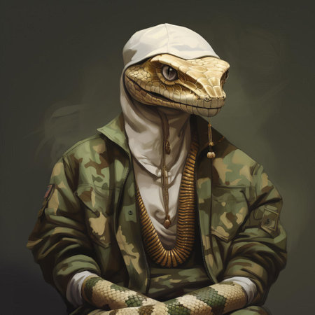snake, dressed in a trendy hip-hop style shirt, takes center stage in this vibrant post-painterly portrait painting, blending khaki white and light olive hues. shared on social networks like flickr, this realistic figure artwork embodies the essence of heistcore aesthetics, captivating art enthusiasts and fans of eclectic style. ai generatedの素材
