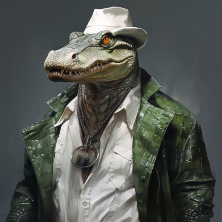 crocodile, donning a trendy hip-hop style shirt, takes center stage in this vibrant post-painterly portrait painting, bursting with silver, white, and light green hues, perfect for sharing on social networks like flickr, where realistic figures and heistcore aesthetics reign supreme. ai generatedの素材