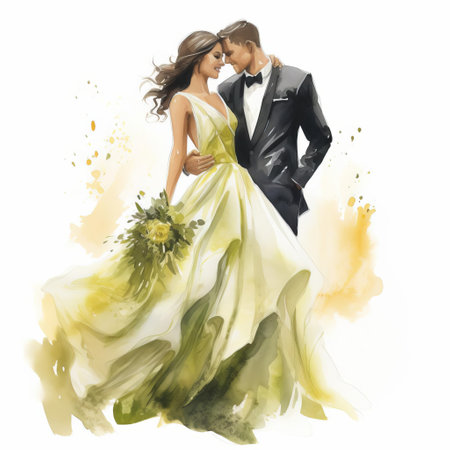 the bride and groom, beautifully illustrated in a stunning watercolor painting, stand together in a romantic pose, with the bride wearing a lovely light chartreuse bridal gown, set against a crisp white background, perfect for wedding invitations, decorations, and other creative projects. ai generatedの素材