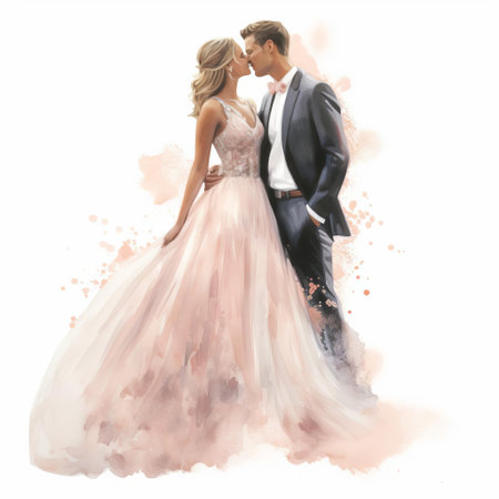 the bride, adorned in a stunning light salmon bridal gown, stands lovingly beside the groom in this exquisite watercolor wedding clipart, set against a crisp white background, offering a highly detailed and creative digital rendering, perfect for wedding invitations, decorations, and romantic gestures. ai generatedの素材