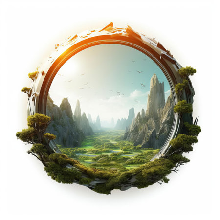 ring, suspended in mid-air, dominates the abstract landscape illustration on a pristine white isolated background, evoking a sense of mystery and minimalism, as the subtle, dreamy colors and soft shapes create a captivating visual harmony, perfect for modern art enthusiasts and design lovers. ai generatedの素材