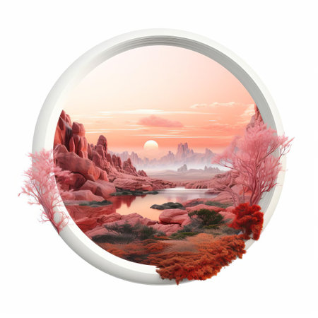 ring, majestically suspended in mid-air, dominates the serene white landscape, its circular form starkly contrasting with the abstract, dreamlike environment, evoking a sense of mystery and isolation, perfect for modern art enthusiasts and fans of minimalist design. ai generatedの素材