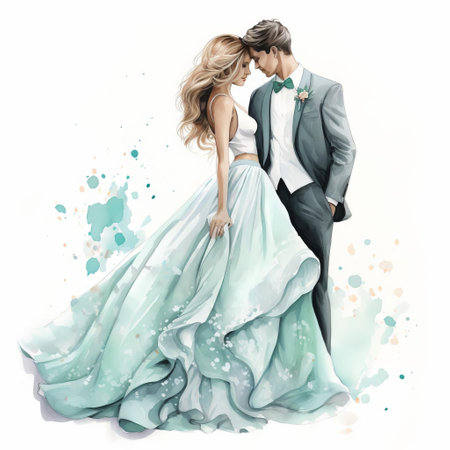 the bride, adorned in a stunning light turquoise bridal gown, stands lovingly beside the groom in this exquisite watercolor wedding clipart, set against a crisp white background, offering a highly detailed and creative digital rendering, perfect for romantic designs, available on pexels and behance under creative commons attribution license. ai generatedの素材