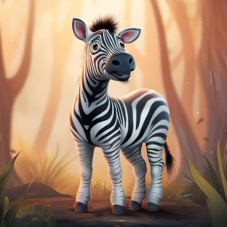 the zebra stands upright on both feet, showcasing its striking black and white stripes, while its large, expressive eyes sparkle with curiosity, set against a vibrant, whimsical background reminiscent of a pixar animation, evoking a sense of wonder and playfulness in this fantastical wildlife portrait. ai generatedの素材