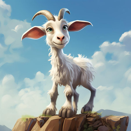 the goat stands upright on both feet, showcasing its majestic posture, with large, expressive eyes that seem to tell a story, set against a vibrant, whimsical background reminiscent of pixar's signature style, evoking a sense of wonder and curiosity in this fantastical scene. ai generatedの素材