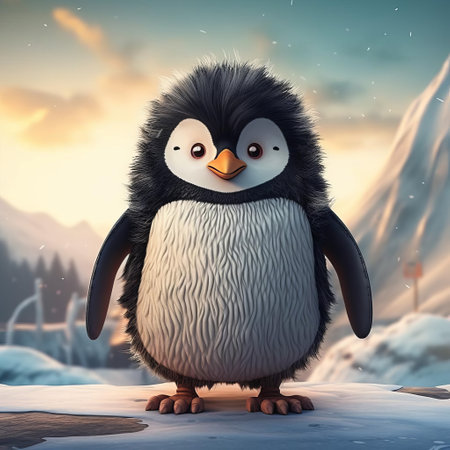 the penguin stands upright with both feet firmly planted on the ground, its tuxedo-like feathers glistening in the soft, pastel-colored light of a whimsical pixar-inspired background, its big, expressive eyes sparkling with curiosity, as if ready to waddle into its next adventure in the frozen tundra. ai generatedの素材
