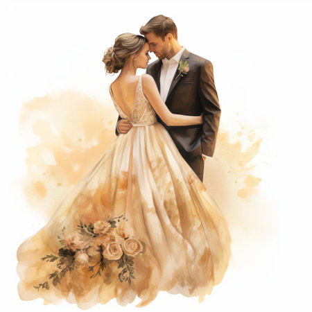 the bride, adorned in a stunning light gold bridal gown, stands beside her dashing groom in this exquisite watercolor wedding clipart, set against a pristine white background, offering a highly detailed and creative digital rendering, perfect for romantic designs, available on pexels and behance under creative commons attribution license. ai generatedの素材
