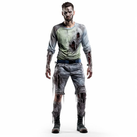a 3d zombie training uniform model stands out against a pristine white background, showcasing intricate details of the full-body attire, perfect for horror game design, film production, or halloween costume inspiration, evoking a sense of apocalyptic preparedness and undead survival. ai generatedの素材