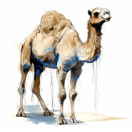 the camel, posed in a majestic full-body stance, is beautifully captured in a blind contour drawing on a pristine white isolated background, showcasing the artist's skill in rendering the intricate details and textures of this magnificent desert creature's fur and humps. ai generatedの素材