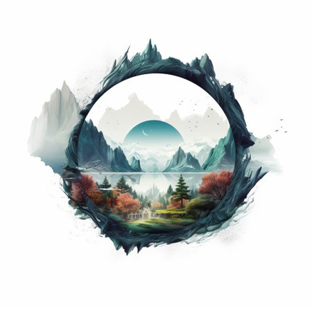 "ring stands alone on a serene white background, surrounded by an abstract illustration of a dreamy landscape with soft, blended hues of blue and green, evoking a sense of calmness and tranquility, perfect for modern art enthusiasts and fans of minimalist design.", ai generatedの素材