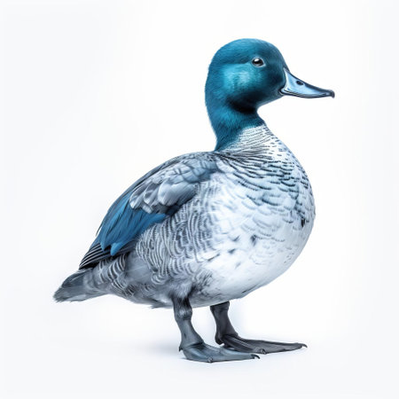 the duck, showcased in a stunning cyanotype print, stands proudly in a full-body pose against a crisp white isolated background, its feathers and features beautifully captured in a mesmerizing blue tone, perfect for nature lovers and photography enthusiasts alike. ai generatedの素材