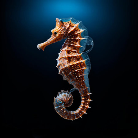 a seahorse, with its intricate tail and vibrant orange color, poses elegantly in a studio shot against a clean, isolated background, showcasing its unique features and fascinating beauty, perfect for marine life enthusiasts and underwater photography lovers. ai generatedの素材