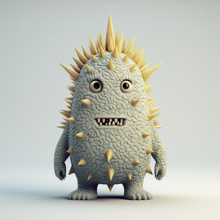 this intricately designed monster figurine, reminiscent of evgeni gordiets' and clemens ascher's inventive character designs, stands proudly on a white isolated background, showcasing its spiky mounds and concrete-like texture in a stunning close-up, full-body shot, highlighting the artist's attention to detail. ai generatedの素材