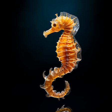 seahorse perched on a delicate seaweed-covered branch, its vibrant orange and yellow hues popping against a pristine white isolated background, showcasing its unique horse-like head and curled tail in a stunning studio shot, perfect for marine life and underwater enthusiasts. ai generatedの素材