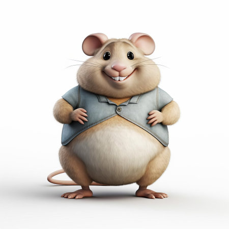 the 3d fat mouse, depicted in a full-body pose, sits isolated on a pristine white background, showcasing its rounded physique and adorable facial features, perfect for illustrations, graphics, and designs requiring a lovable, chubby rodent character. ai generatedの素材