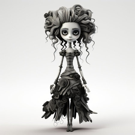 this eerie 3d female doll, inspired by the gothic fantasy of tim burton, stands tall in a full-body pose on a pristine white isolated background, exuding an air of mystique and dark whimsy, perfect for fans of stop-motion animation and dark fairy tales. ai generatedの素材