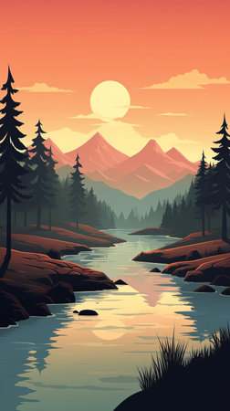 mountain ranges majestically stretch across the horizon in this retro-inspired poster, blending modern-retro aesthetics with a minimalist approach to landscape design, evoking a sense of nostalgia and tranquility, perfect for nature lovers and design enthusiasts alike. ai generatedの素材