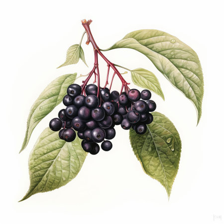 "elderberry illustration, a delicate and intricate digital artwork, showcases the vibrant purple hue and unique shape of the fruit, set against a crisp white isolated background, perfect for health and wellness designs, botanical art, and nature-inspired visuals, evoking feelings of serenity and calmness.", ai generatedの素材