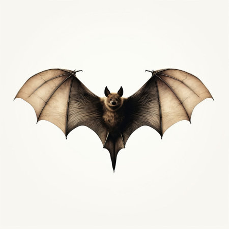 the bat, with its delicate wings and tiny eyes, is perched upright on its hind legs, showcasing its full body in a minimalist pose, isolated on a clean white background, highlighting its intricate features and subtle textures, perfect for wildlife and nature enthusiasts. ai generatedの素材
