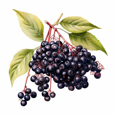 elderberry illustration beautifully rendered on a crisp white isolated background, showcasing the intricate details of the dark purple fruit, often used in natural remedies and culinary delights, highlighting its medicinal properties and antioxidant-rich benefits. ai generatedの素材