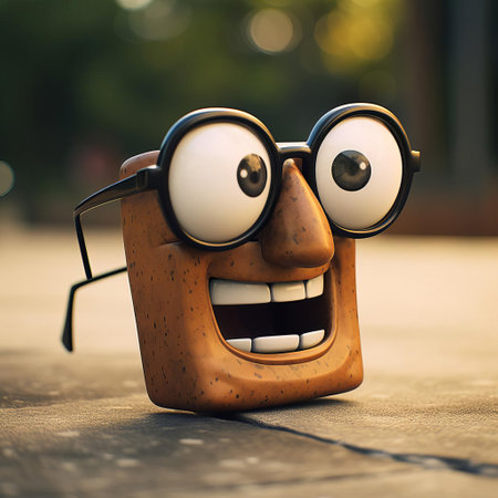 vintage fishing glasses, adorned with a whimsical pixar-inspired face, exude entertainment personified, boasting a rugged, beat-up charm with a simple, one-color plastic design that adds to their retro appeal, perfect for those who crave a unique, nostalgic accessory. ai generatedの素材