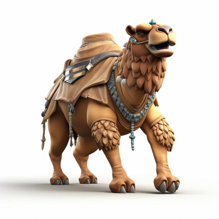 the camel, a majestic creature, stands proudly in a 3d clash of clans-inspired design, showcasing its full body in intricate detail, set against a crisp white isolated background, perfect for gaming, animation, or digital art projects. ai generatedの素材