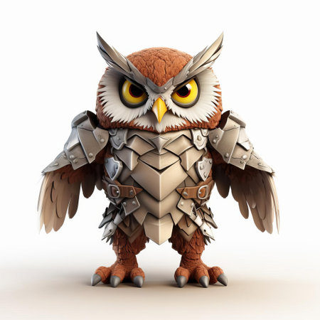 the owl, a majestic creature, stands proudly in a 3d clash of clans-inspired illustration, showcasing its full body in stunning detail, set against a crisp white isolated background, perfect for gaming and fantasy enthusiasts, with a touch of whimsy and magic. ai generatedの素材