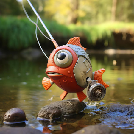 this vintage fishing toy, with its rugged and beat-up appearance, embodies the spirit of sustainability, featuring a simple yet striking one-color plastic design and a pixar-inspired face that personifies eco-friendliness, evoking a sense of nostalgia and environmental awareness. ai generatedの素材