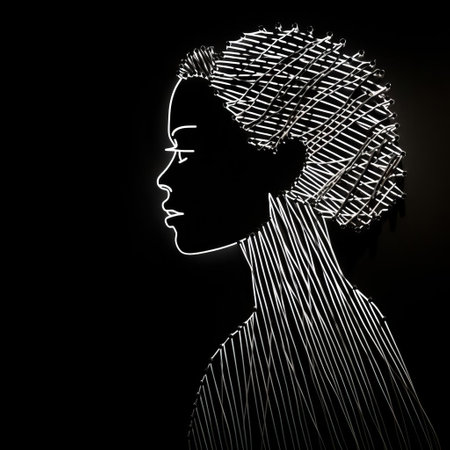 the ancient art silhouette profile, crafted in the style of string art, emerges from a striking junction of light and shadow, its pure white and black hues evoking a sense of timeless elegance, perfect for art enthusiasts and fans of minimalist design, string art portraits, and dramatic lighting effects. ai generatedの素材