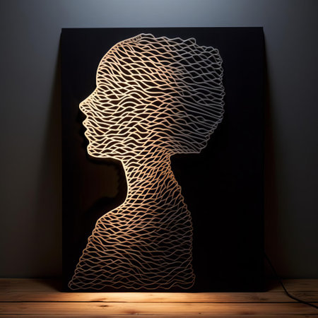 this fiber art silhouette profile, crafted in the style of string art, showcases a striking junction of light and shadow composition, where pure white and black hues converge to create a visually stunning piece that explores the interplay of contrast and texture. ai generatedの素材
