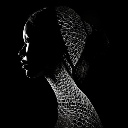 this medieval art silhouette profile, crafted in the unique style of string art, showcases a striking junction of light and shadow composition, beautifully rendered in pure white and black hues, evoking a sense of mystery and ancient elegance, perfect for art enthusiasts and history buffs alike. ai generatedの素材