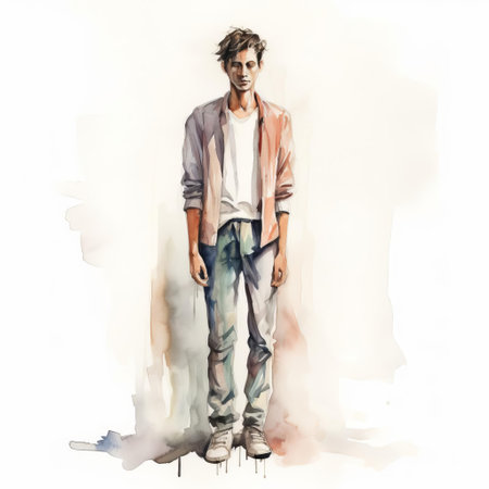 joshua, a solitary figure, stands out against a pristine white background in this captivating vintage-inspired watercolored portrait, evoking a sense of nostalgia and classic elegance, perfect for art enthusiasts and collectors of retro-style illustrations. ai generatedの素材