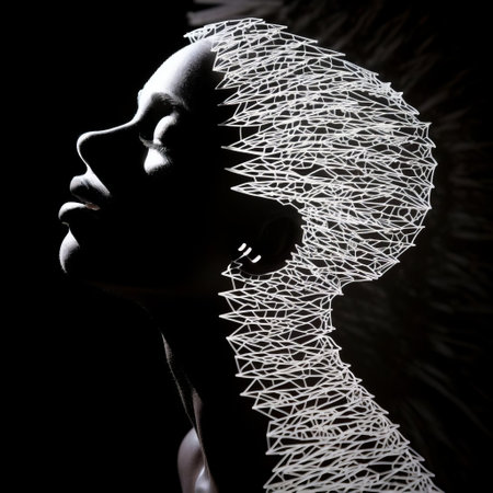 a silhouette singer's profile stands out against a dramatic junction of light and shadow, evoking a sense of harmony in this striking string art-inspired composition, where pure white and black tones blend in perfect melody, creating a visually captivating music-themed artwork. ai generatedの素材